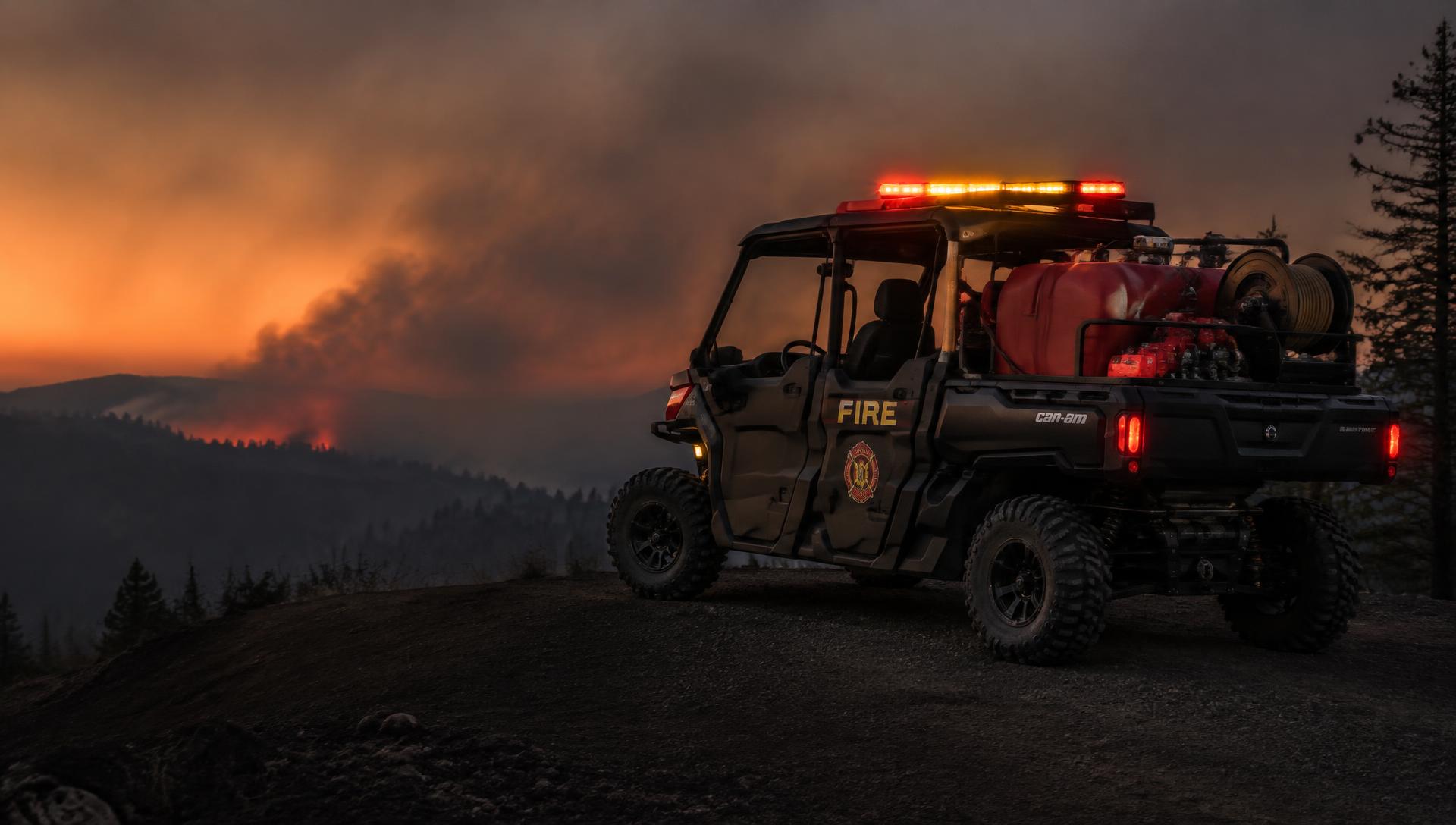 Nowetner wildland UTV with skid unit on a ridge at dusk